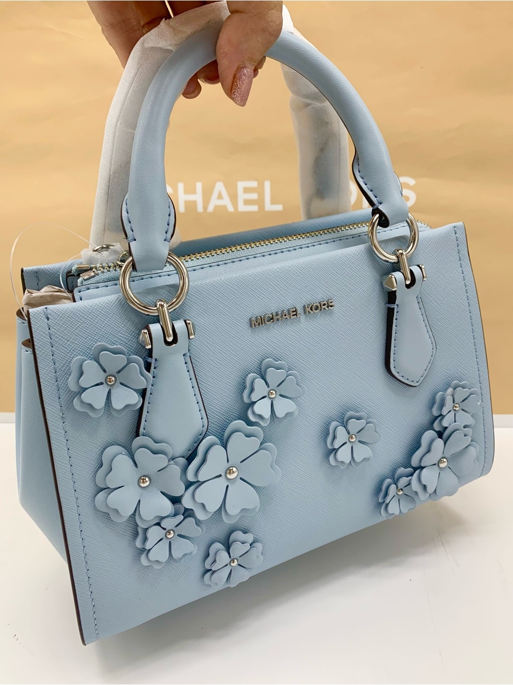 NWT Michael Kors Marilyn Pale Blue  Floral Applique Leather Satchel